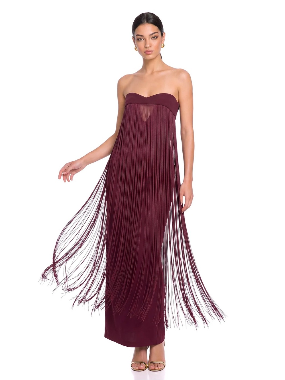 Strapless Burgundy Fringe Maxi Dress